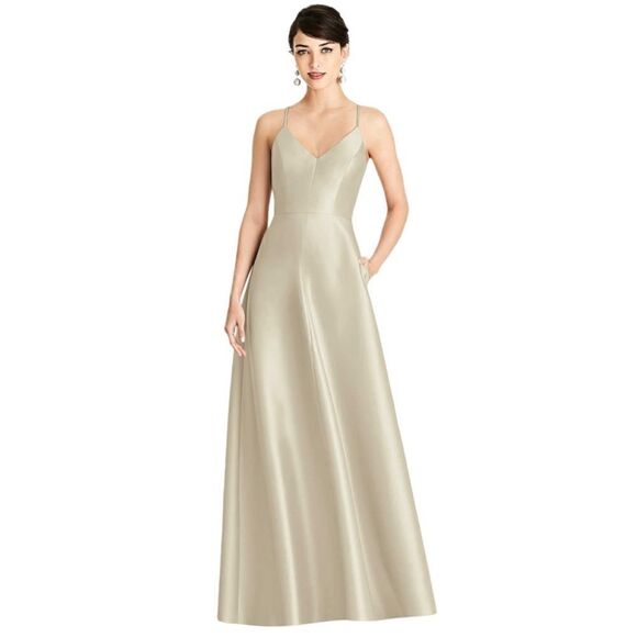 Alfred Sung V-Neck Full Skirt Satin Maxi Dress in Palomino. Size 16. NWT! - Picture 1 of 16
